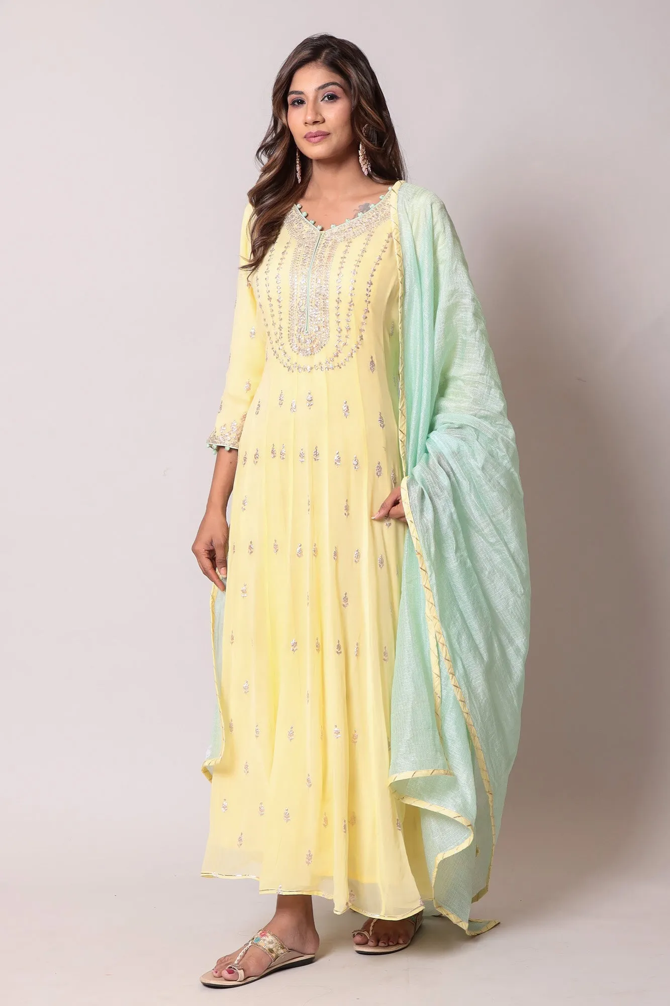 Anarkali Georgette Pittan Suit with Handloom Dupatta