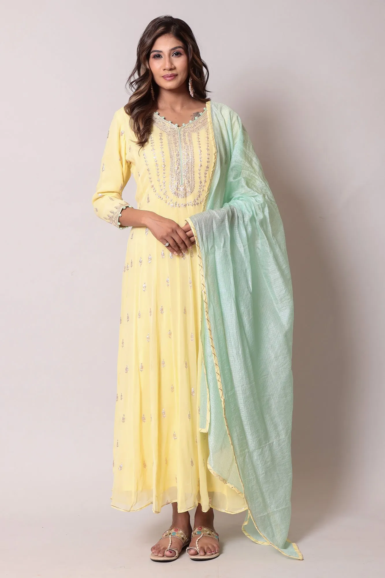 Anarkali Georgette Pittan Suit with Handloom Dupatta