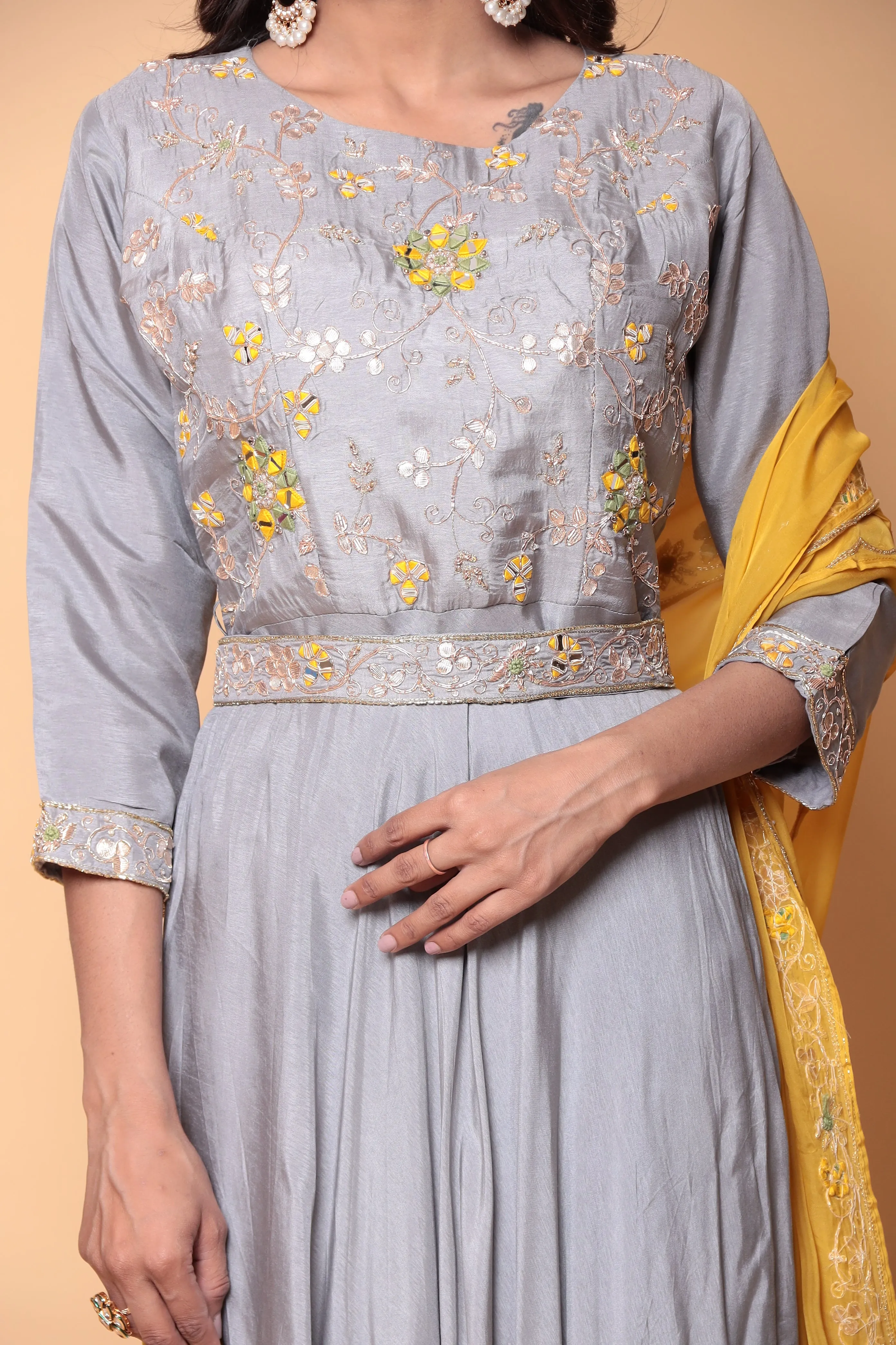 Anarkali Suit with Contrast Duppatta in Zardozi work.