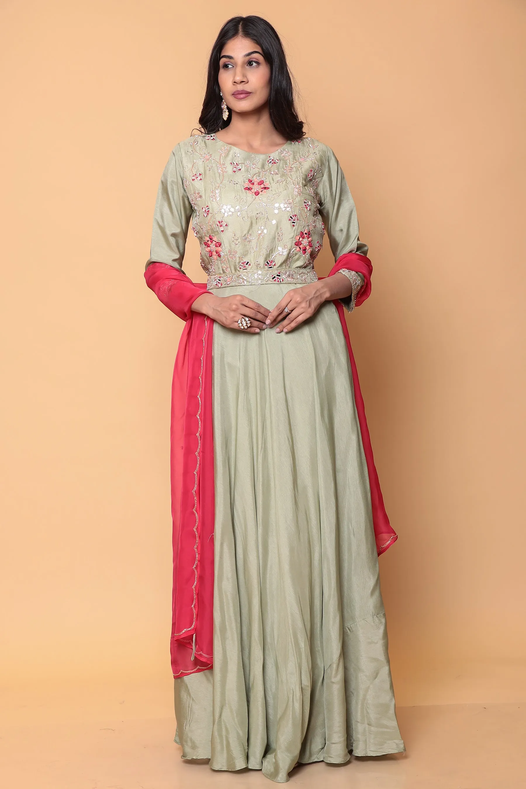 Anarkali Suit with Contrast Duppatta in Zardozi work.