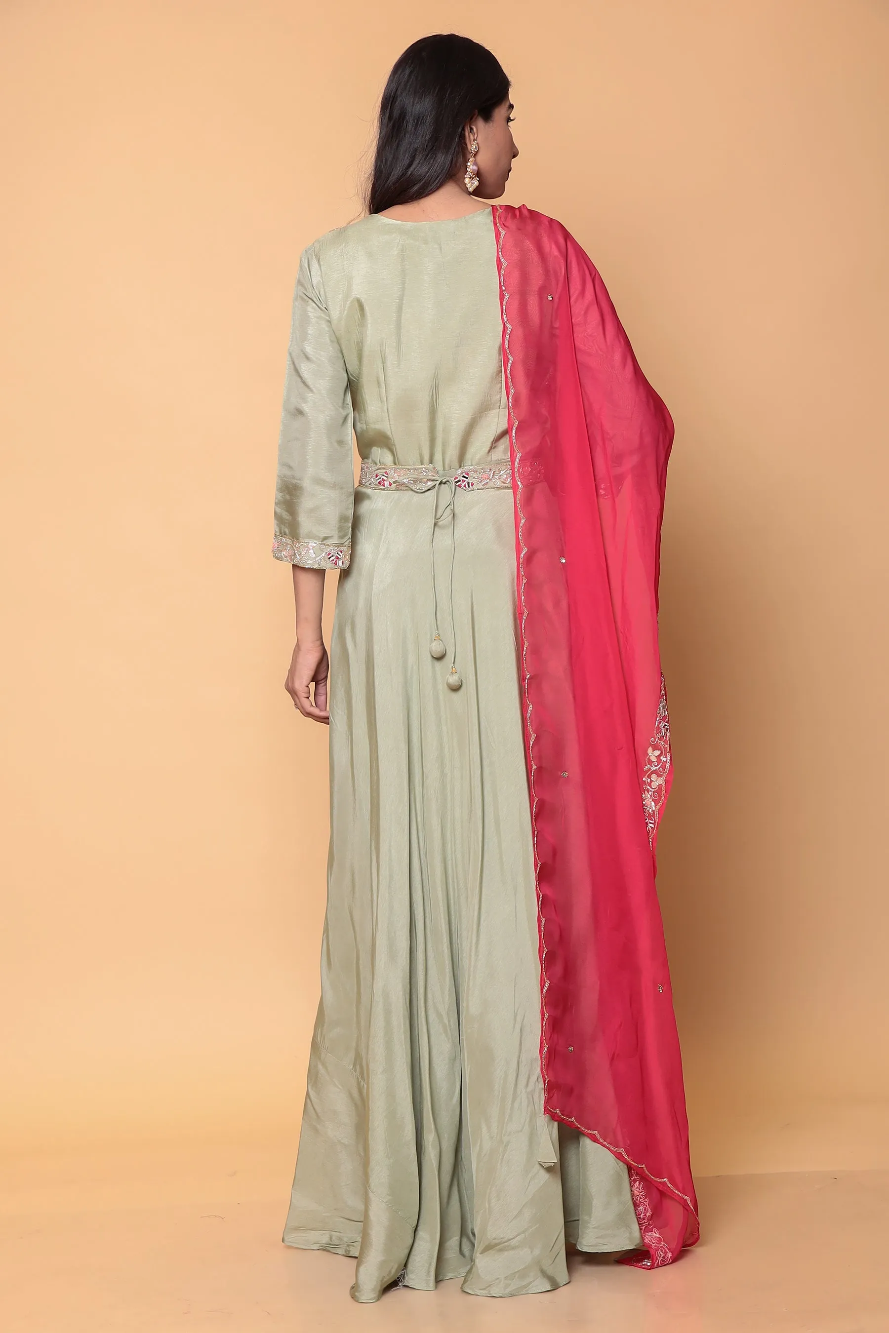 Anarkali Suit with Contrast Duppatta in Zardozi work.