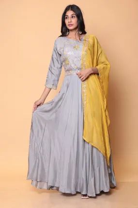 Anarkali Suit with Contrast Duppatta in Zardozi work.