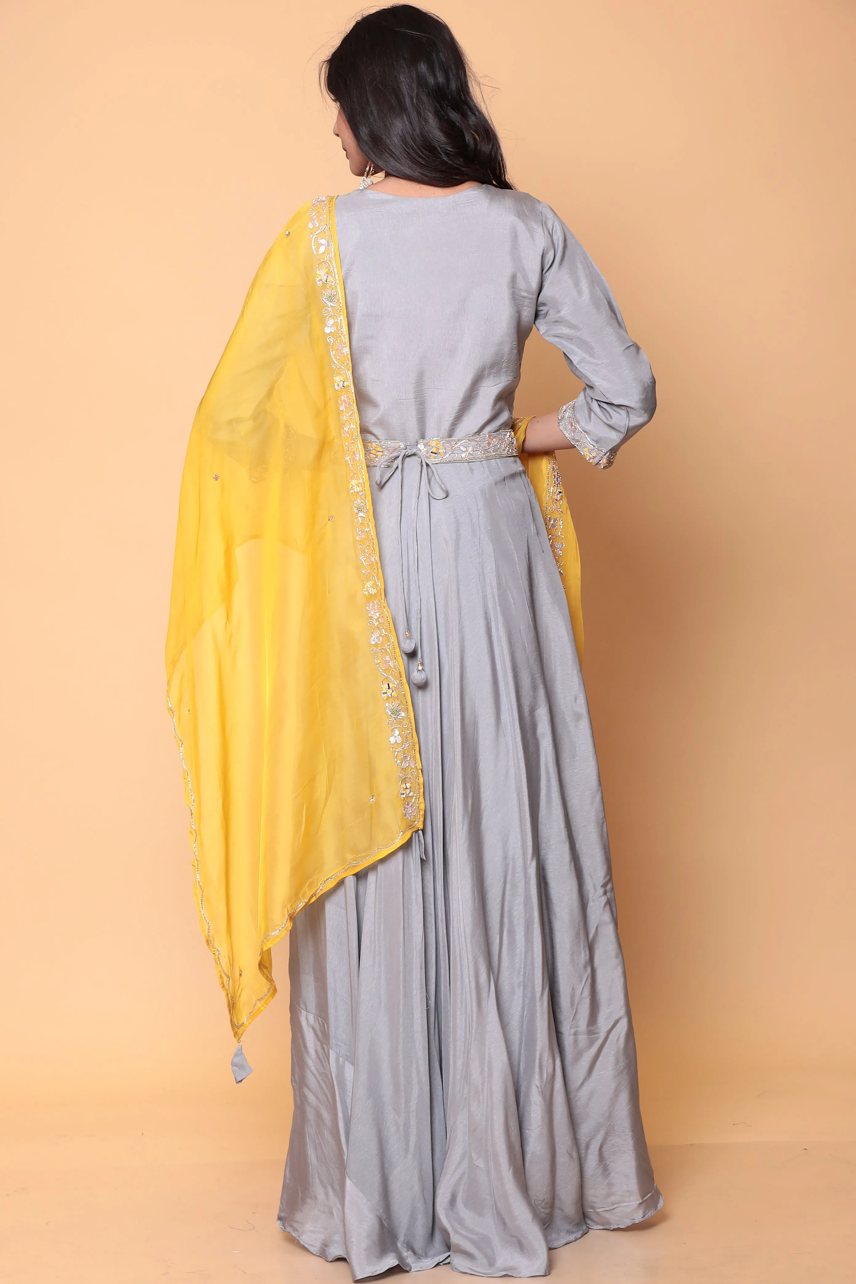 Anarkali Suit with Contrast Duppatta in Zardozi work.