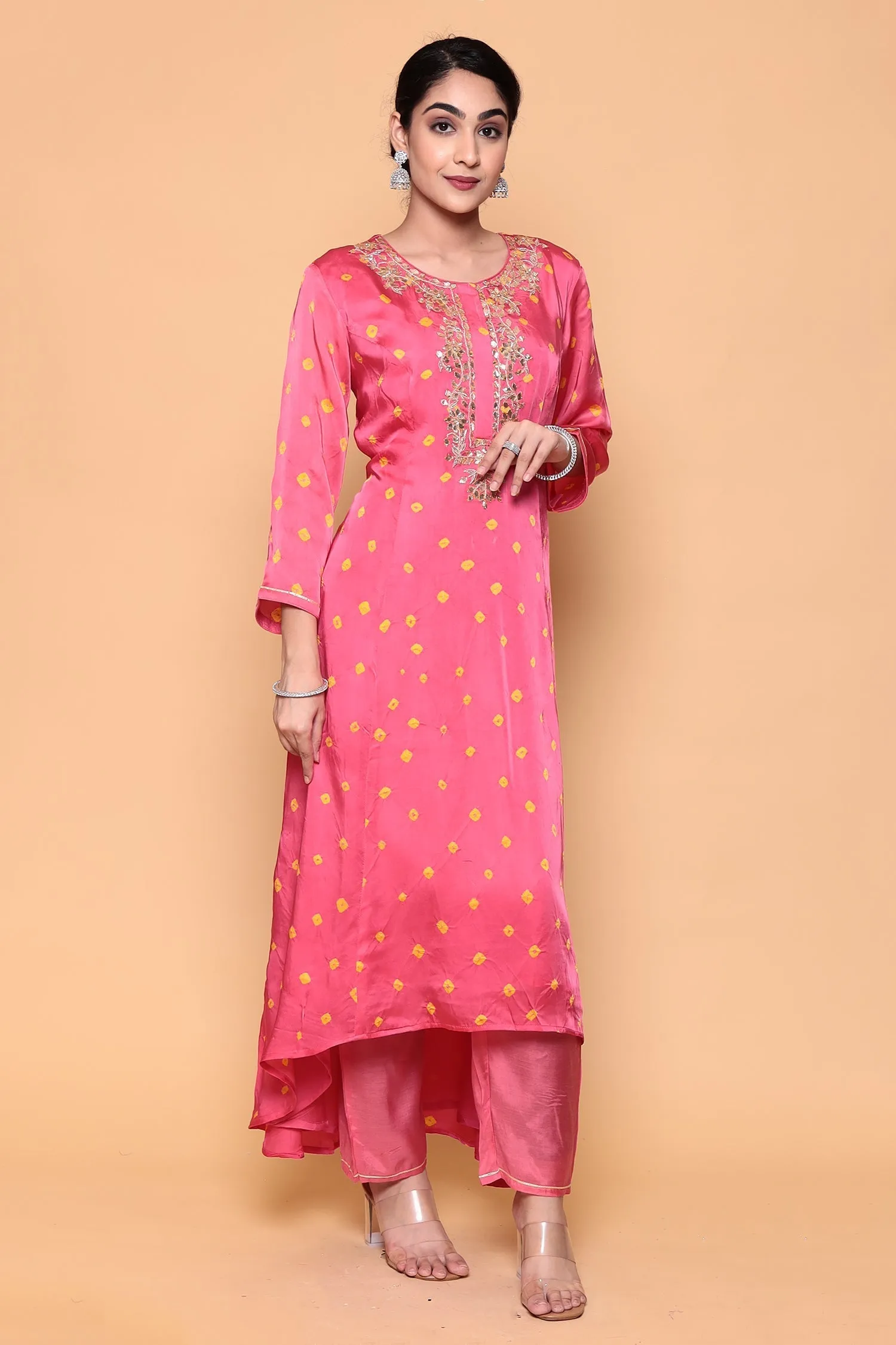 Asymmetric Bandhej Silk Suit with Gota work.