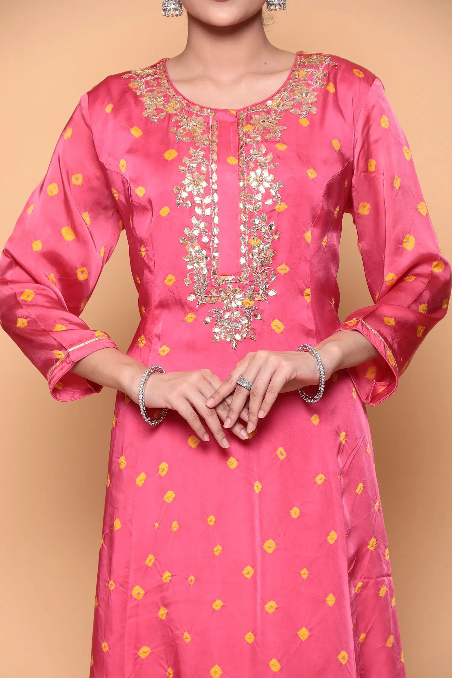 Asymmetric Bandhej Silk Suit with Gota work.