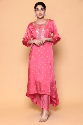 Asymmetric Bandhej Silk Suit with Gota work.