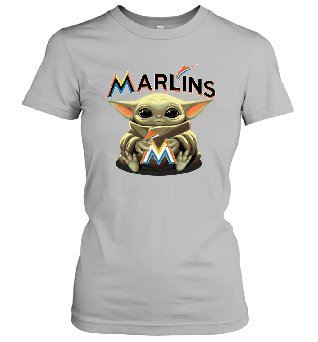 Baby Yoda Hugs Loves The Miami Marlins Baseball Womens T-Shirt