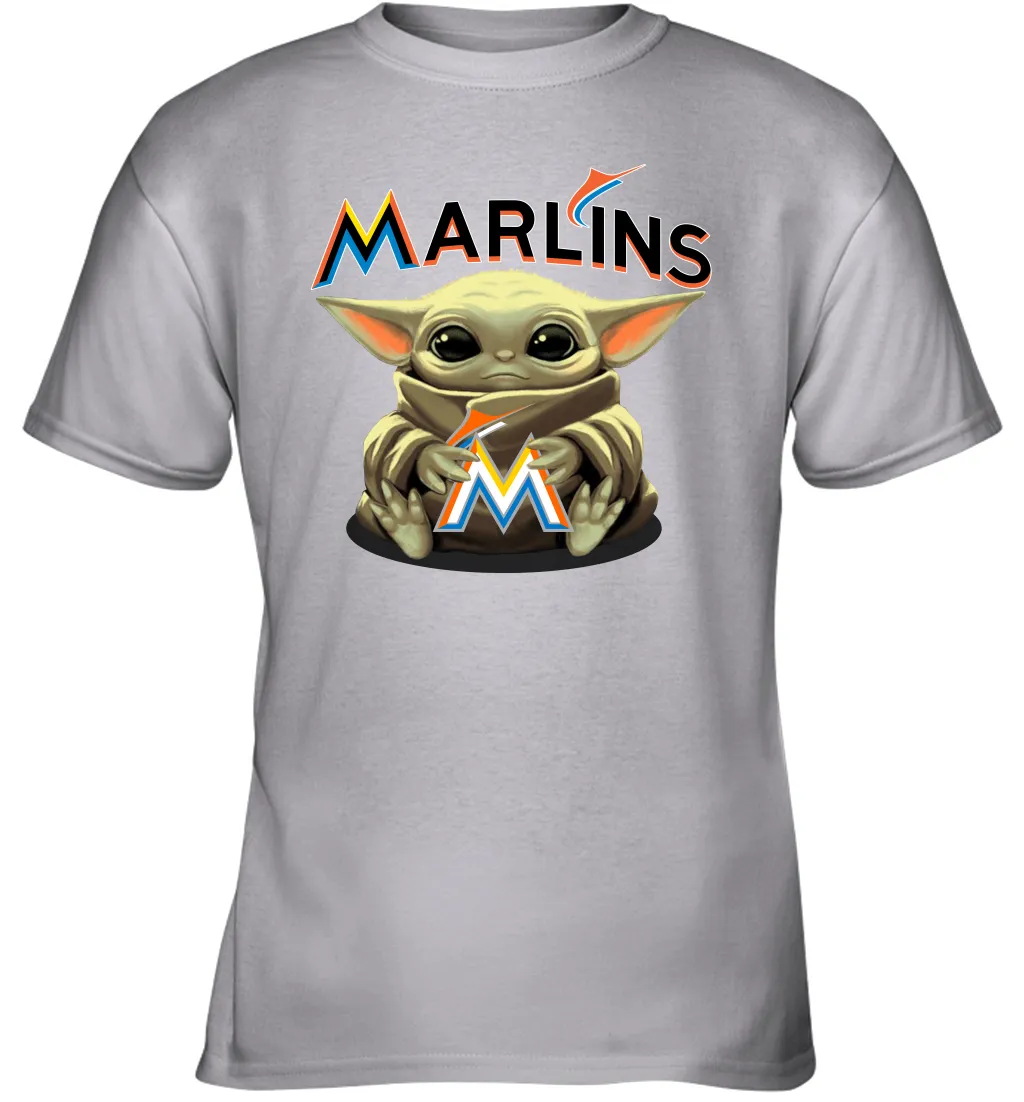 Baby Yoda Hugs Loves The Miami Marlins Baseball Youth T-Shirt