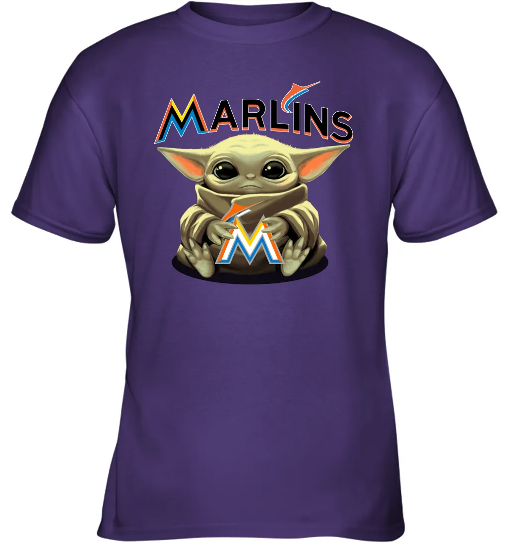 Baby Yoda Hugs Loves The Miami Marlins Baseball Youth T-Shirt