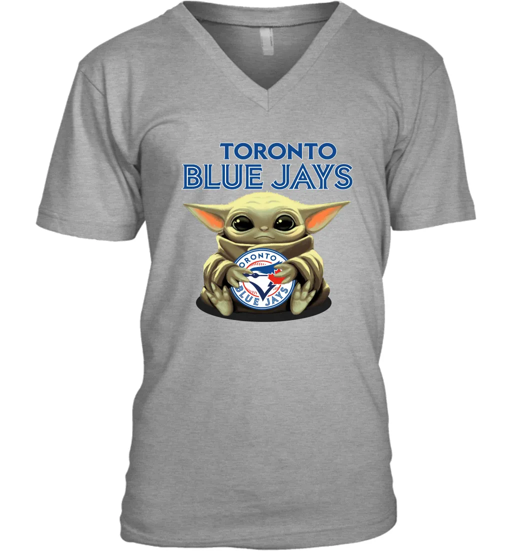 Baby Yoda Hugs Loves The Toronto Blue Jays Baseball Mens V-Neck T-Shirt