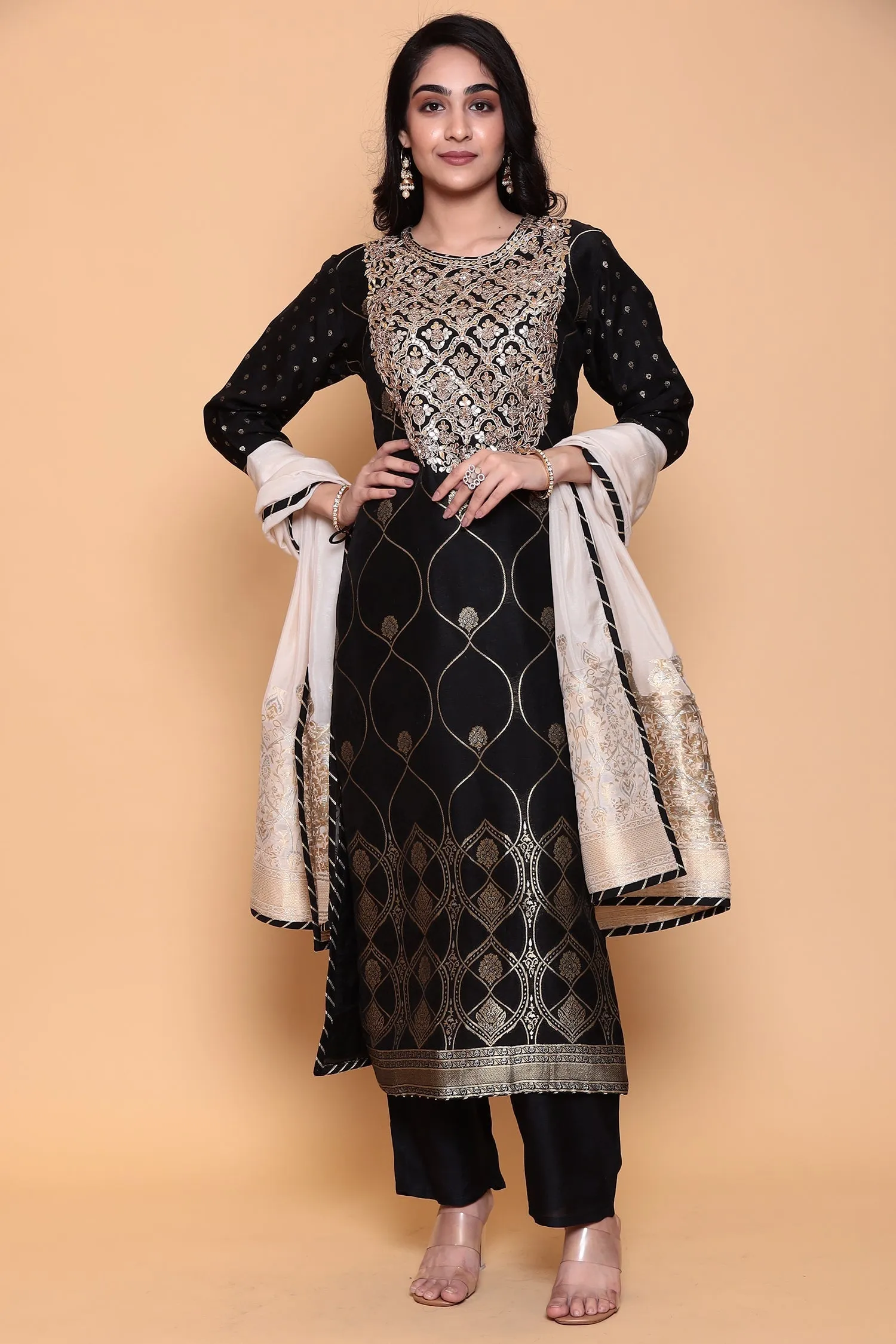 Banarasi Dola Silk Suit with Gota, Zari work.