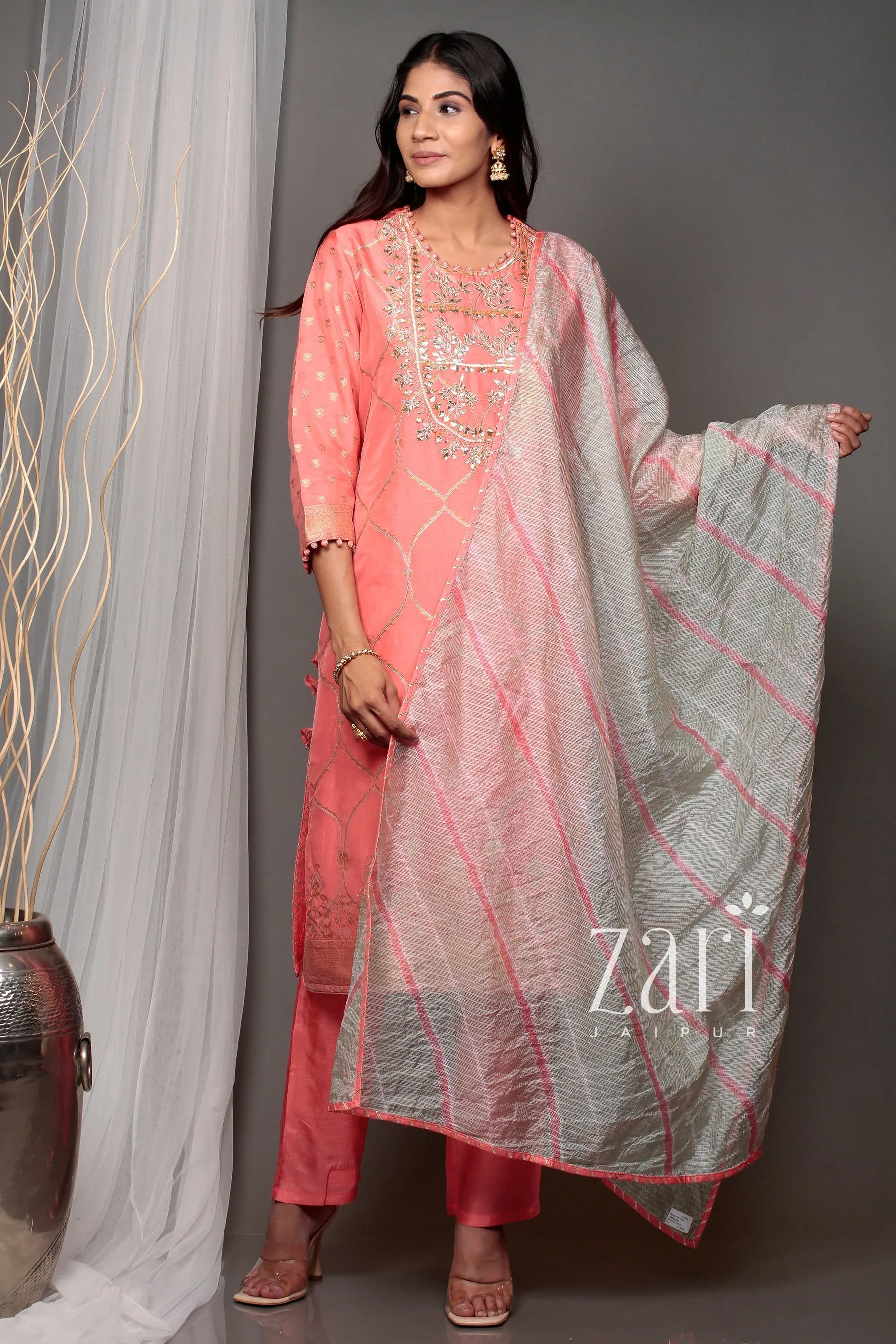 Banarasi Leheriya Banarasi brocade  Suit with Gota, Gota Patti, Pearl, Sequins, Zardozi work.