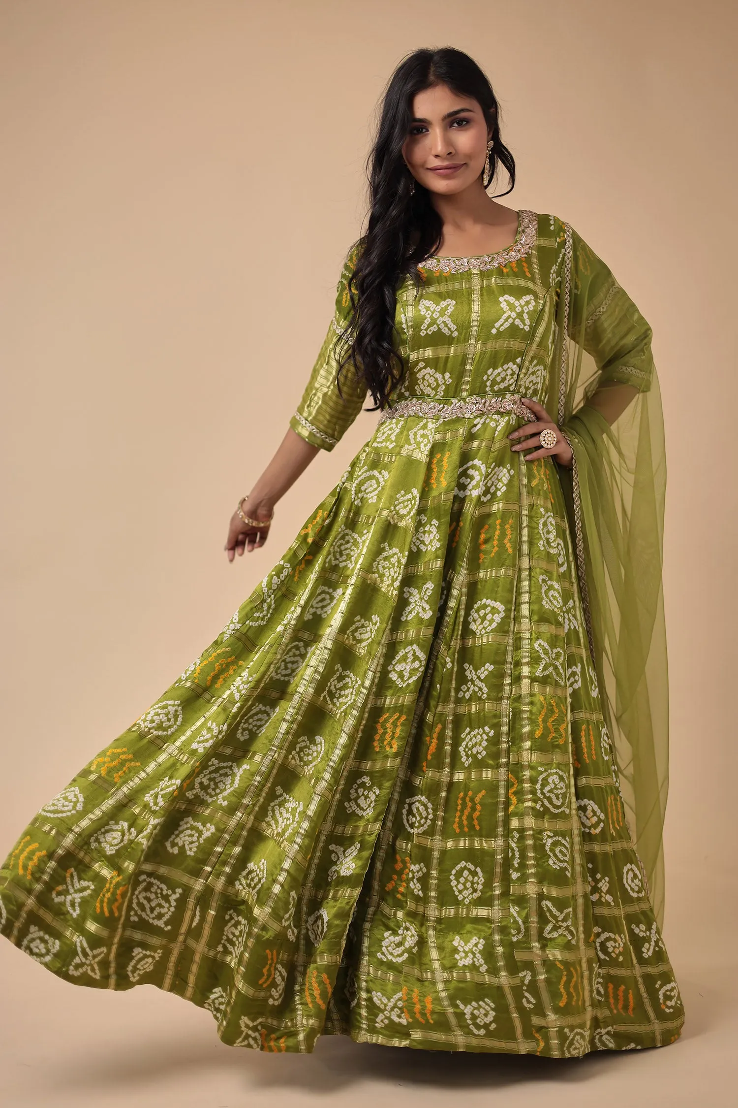 Bandhej Anarkali Ghatchola Silk Suit with Zardozi work