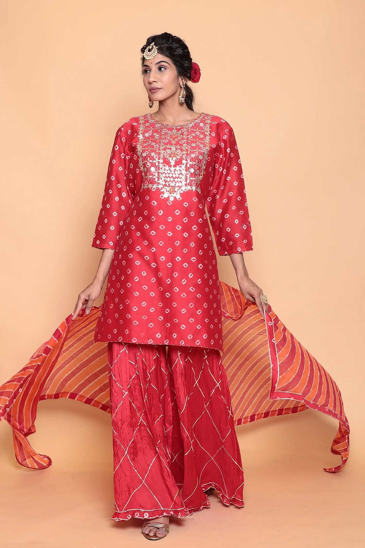 Bandhej Chanderi Silk Suit with Gota Patti work.