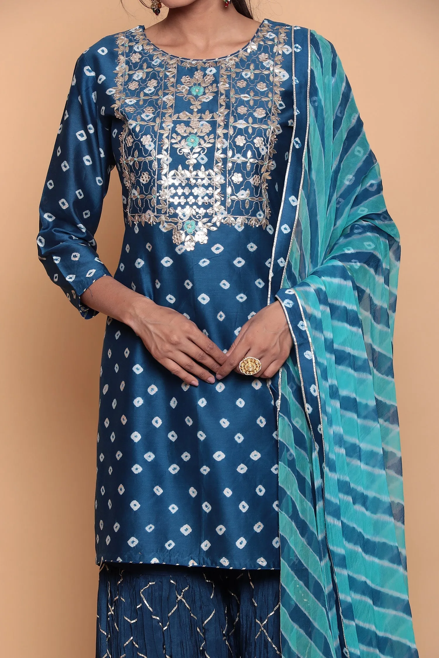 Bandhej Chanderi Silk Suit with Gota Patti work.