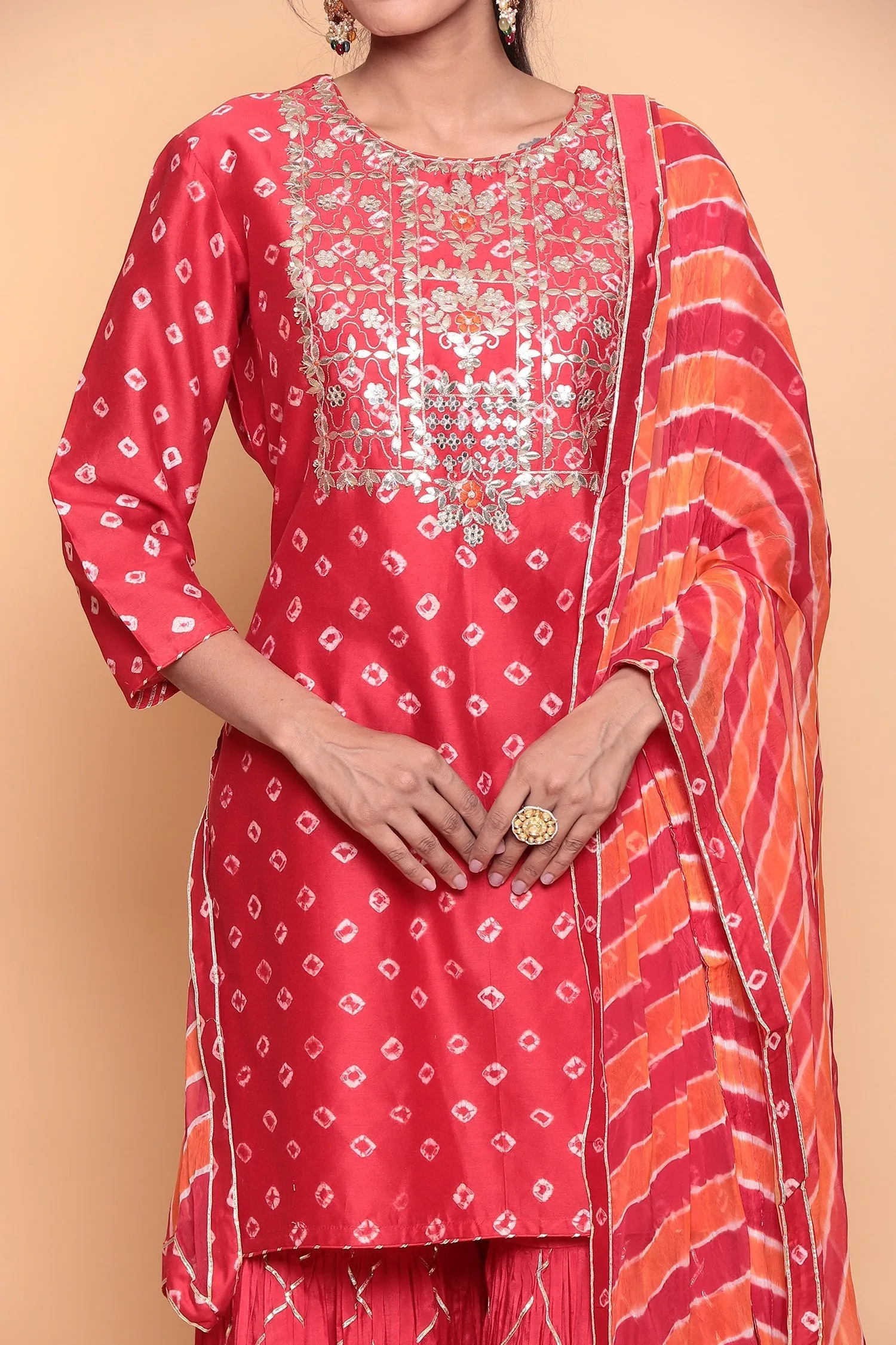 Bandhej Chanderi Silk Suit with Gota Patti work.