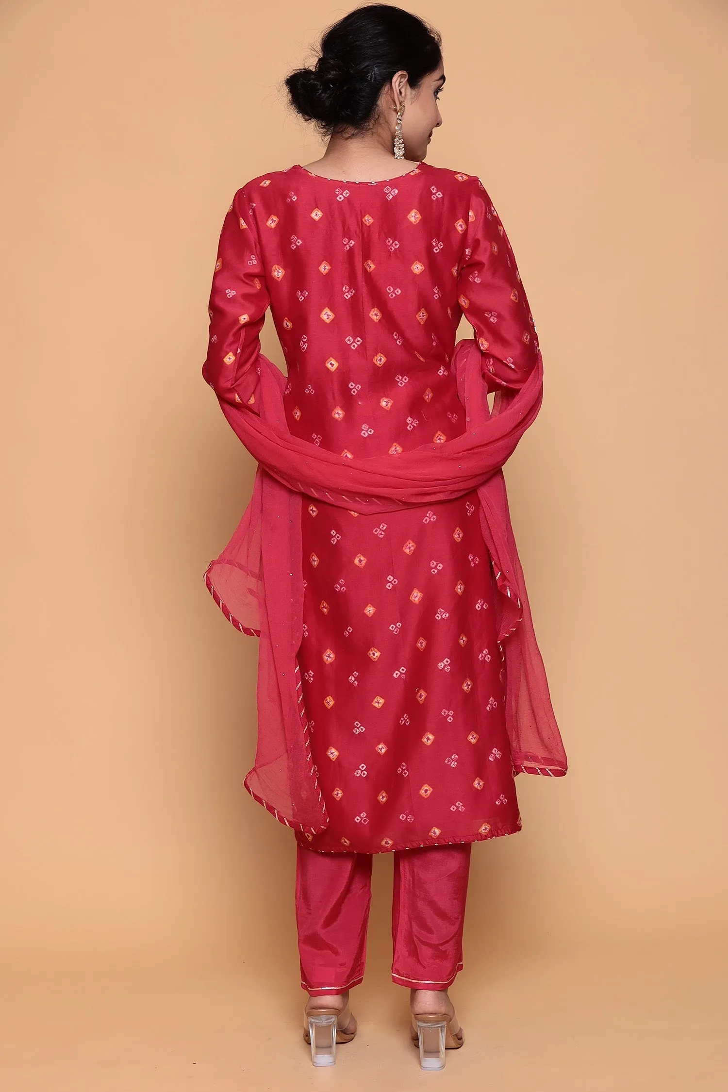 Bandhej Chanderi Suit with Gota Patti and Sequins work.