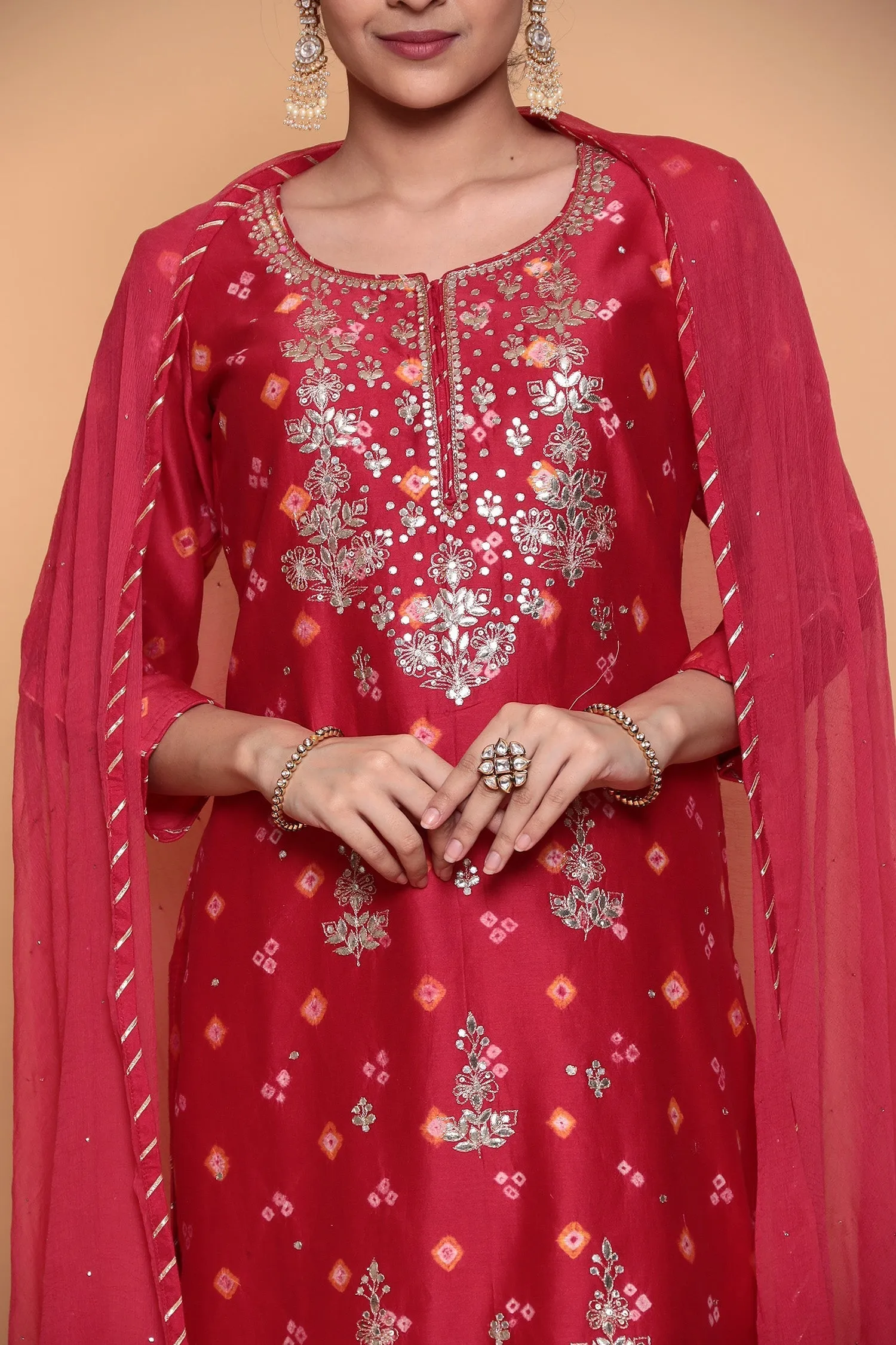 Bandhej Chanderi Suit with Gota Patti and Sequins work.