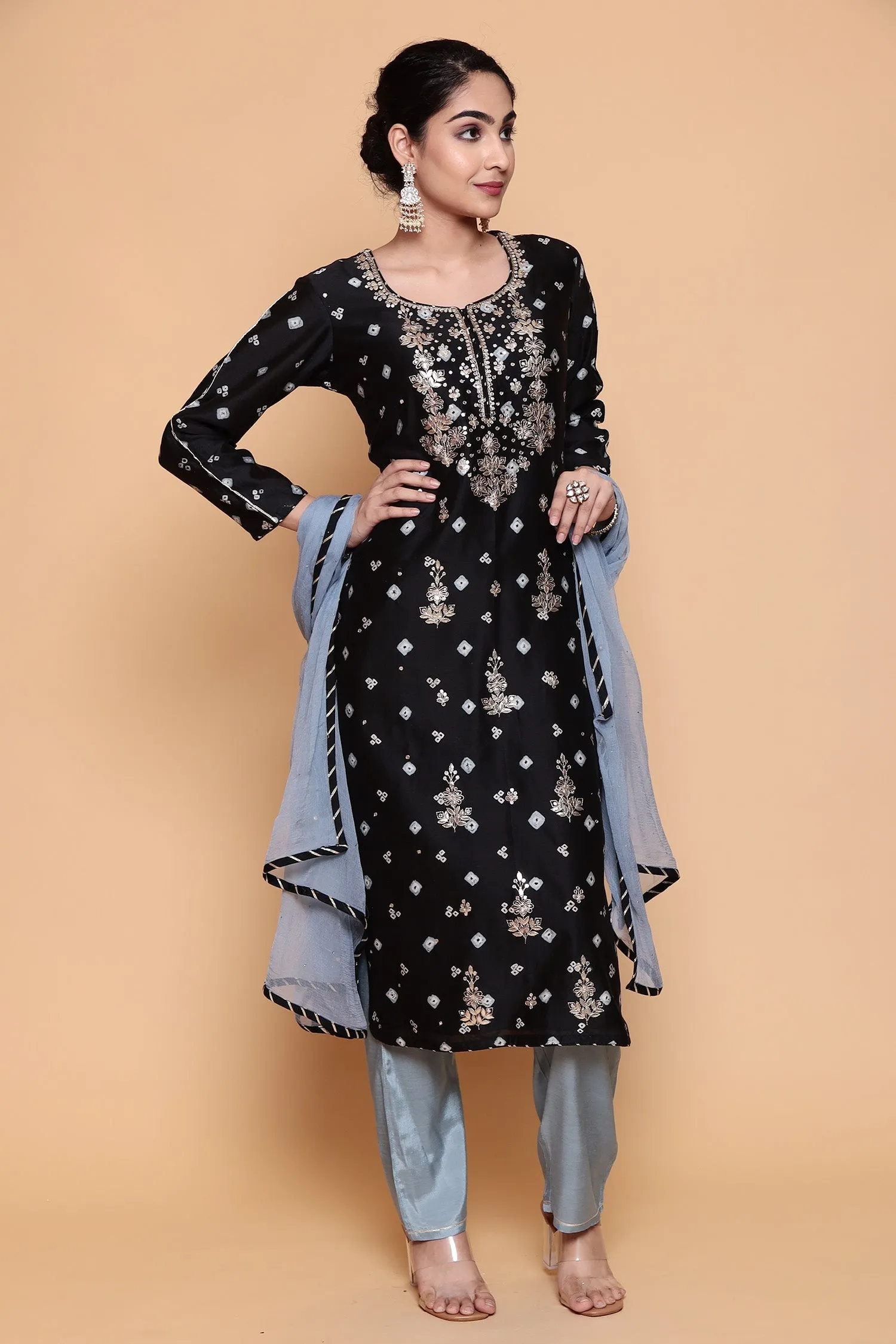 Bandhej Chanderi Suit with Gota Patti and Sequins work.