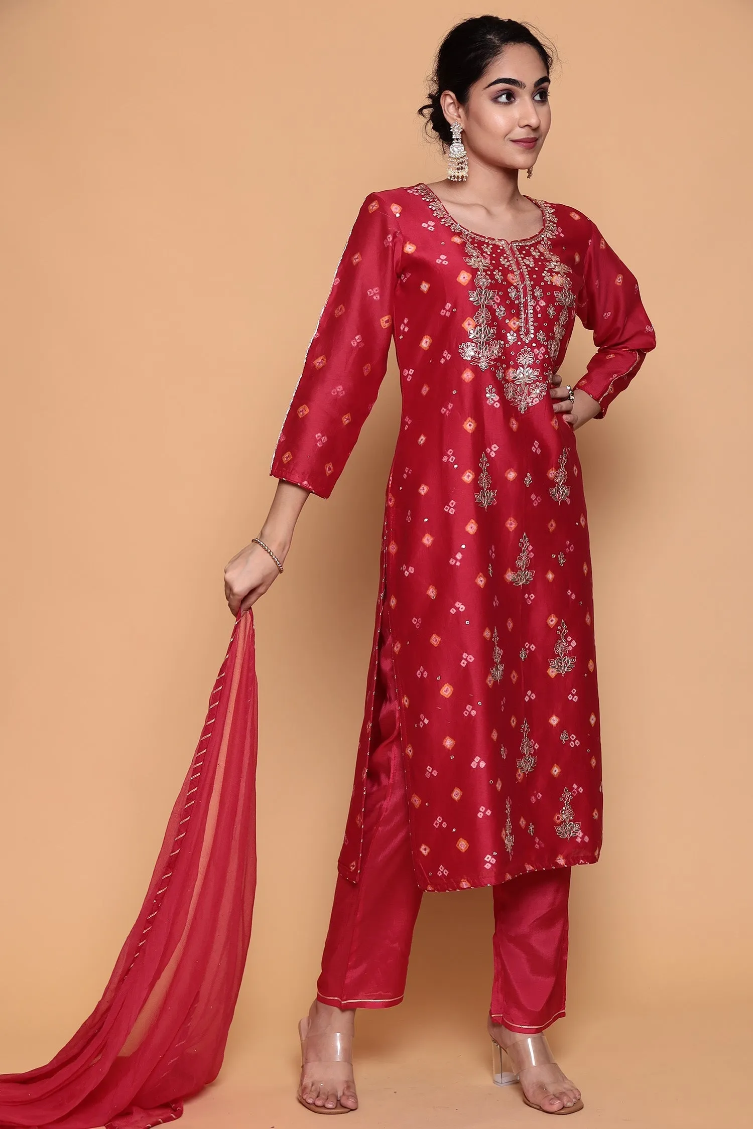 Bandhej Chanderi Suit with Gota Patti and Sequins work.