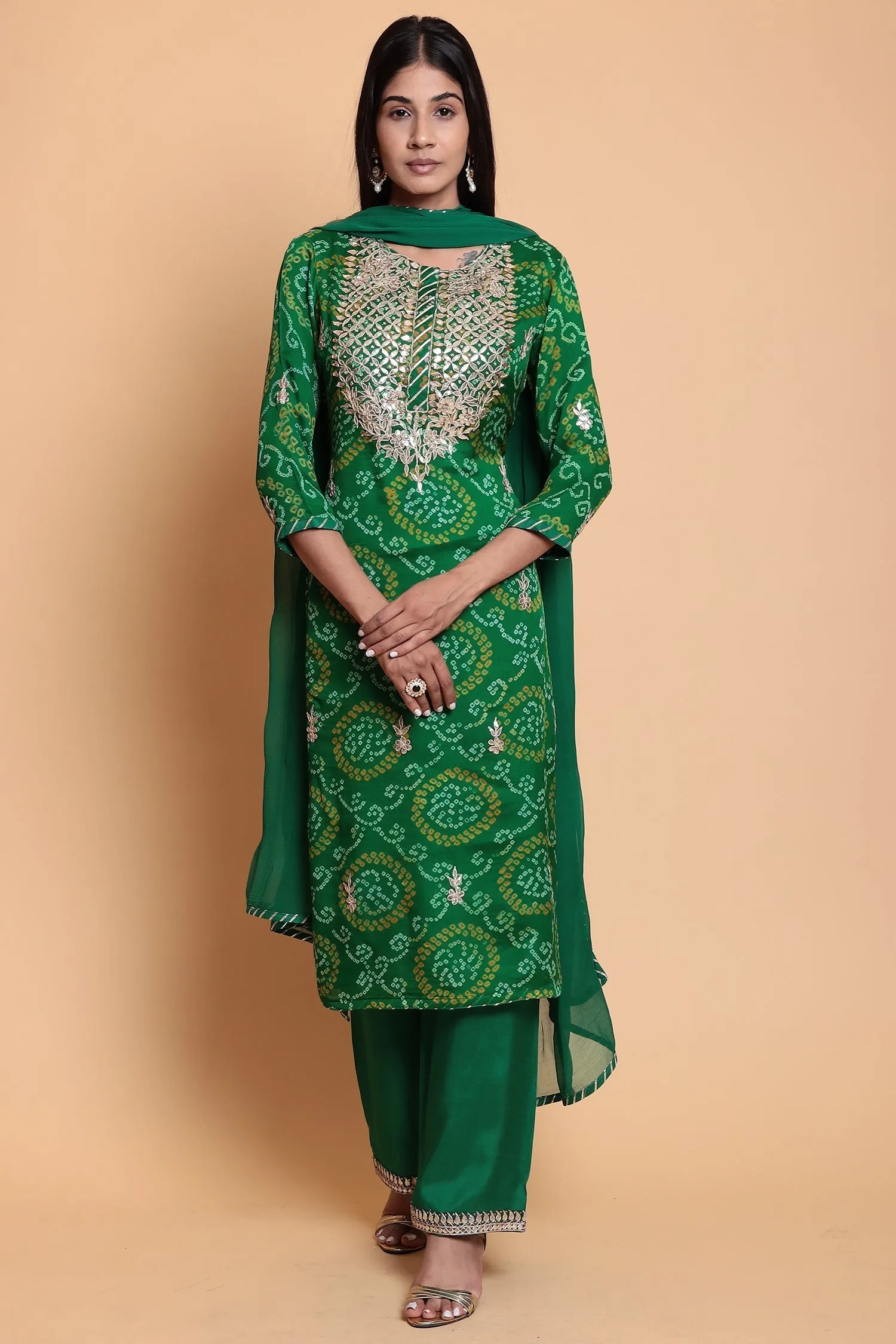 Bandhej Chinnon Silk Suit with Gota Patti work.