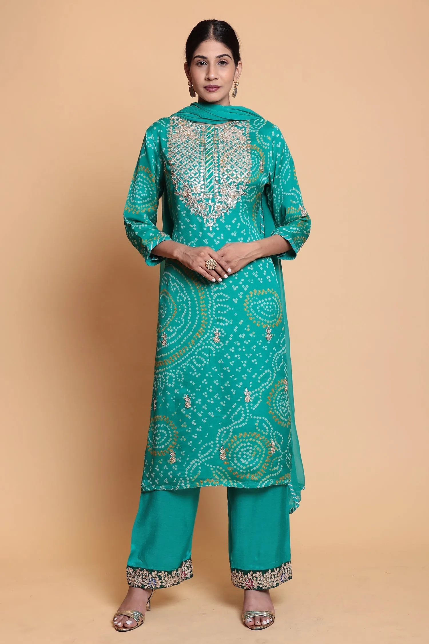 Bandhej Chinnon Silk Suit with Gota Patti work.