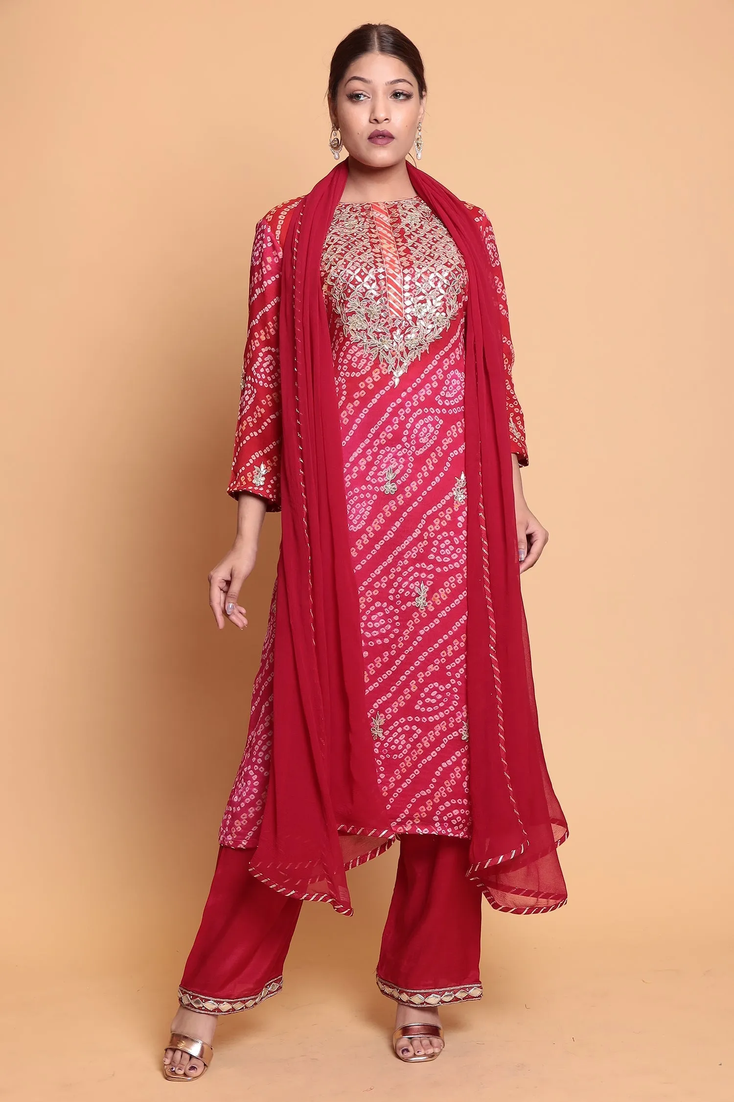 Bandhej Chinnon Silk Suit with Gota Patti work.