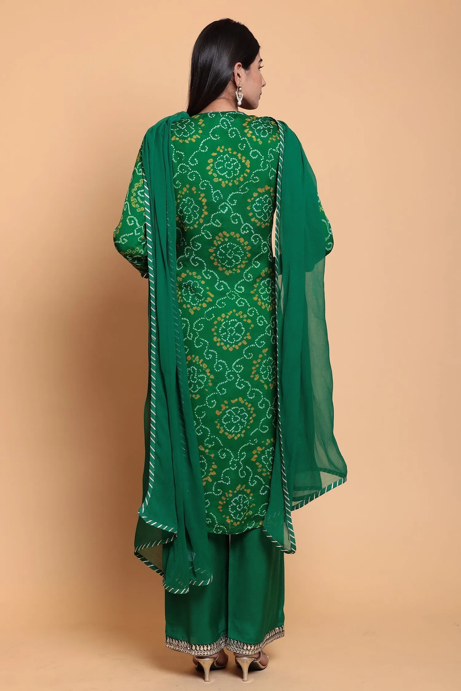 Bandhej Chinnon Silk Suit with Gota Patti work.