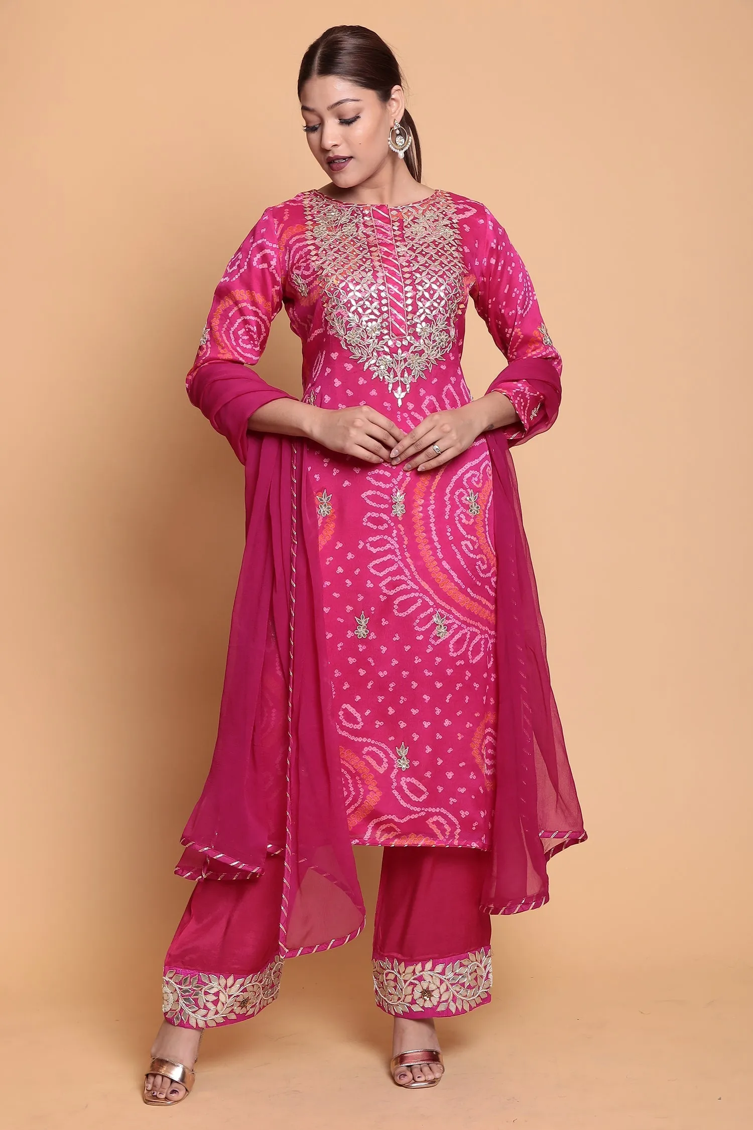 Bandhej Chinnon Silk Suit with Gota Patti work.