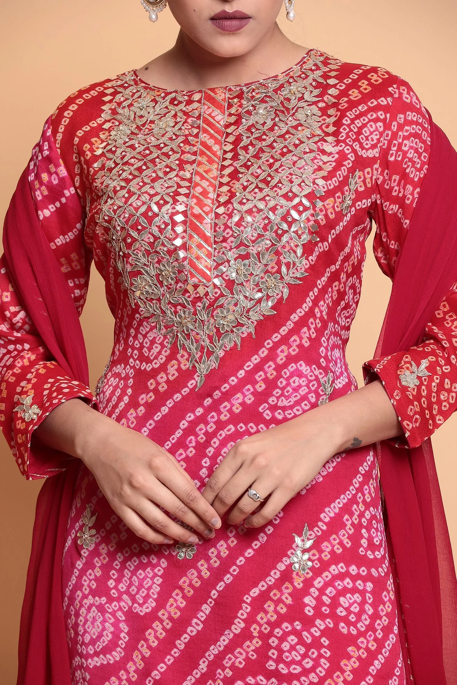 Bandhej Chinnon Silk Suit with Gota Patti work.