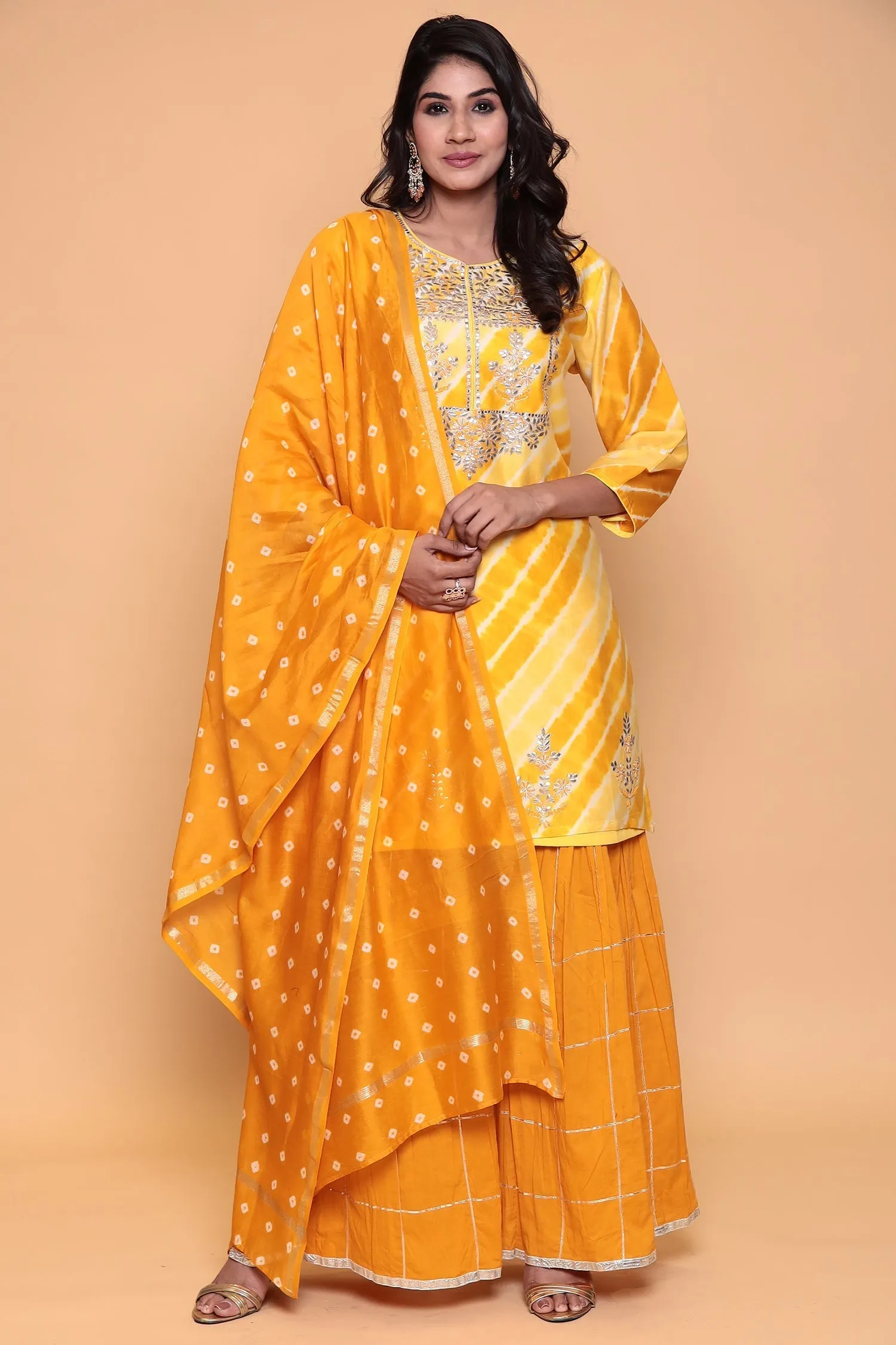 Bandhej Cotton silk Suit with Gota Patti, Thread work.