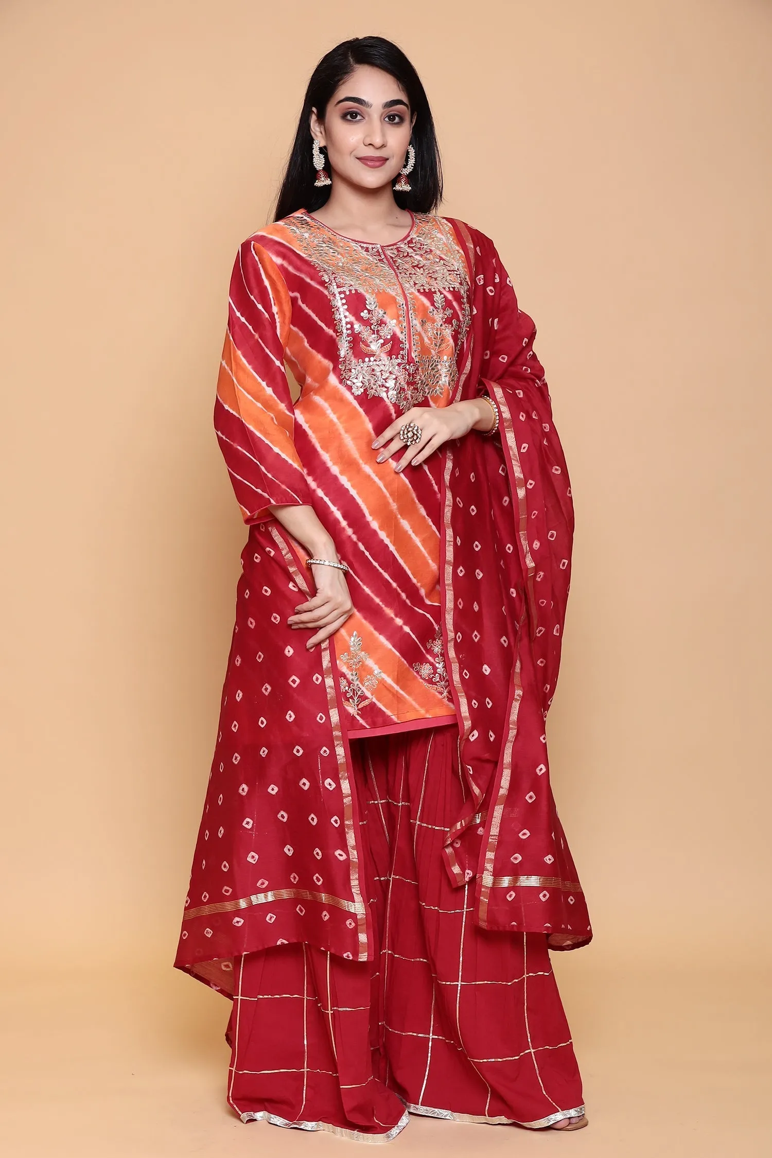 Bandhej Cotton silk Suit with Gota Patti, Thread work.