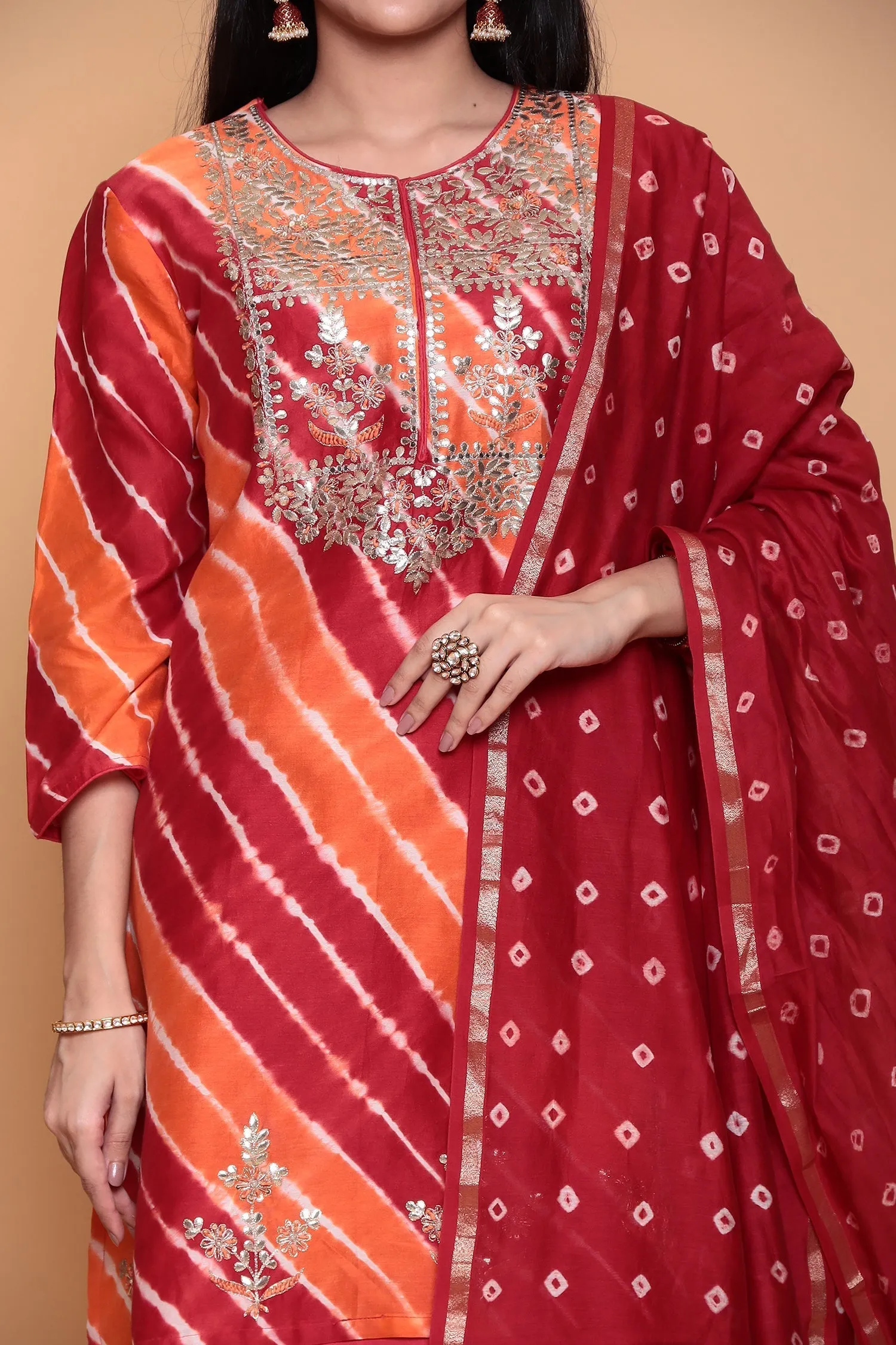 Bandhej Cotton silk Suit with Gota Patti, Thread work.