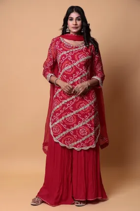 Bandhej Georgette Sharara Suit with Gota Patti work.