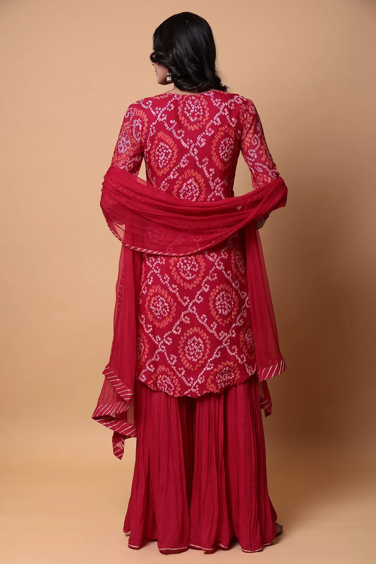 Bandhej Georgette Sharara Suit with Gota Patti work.