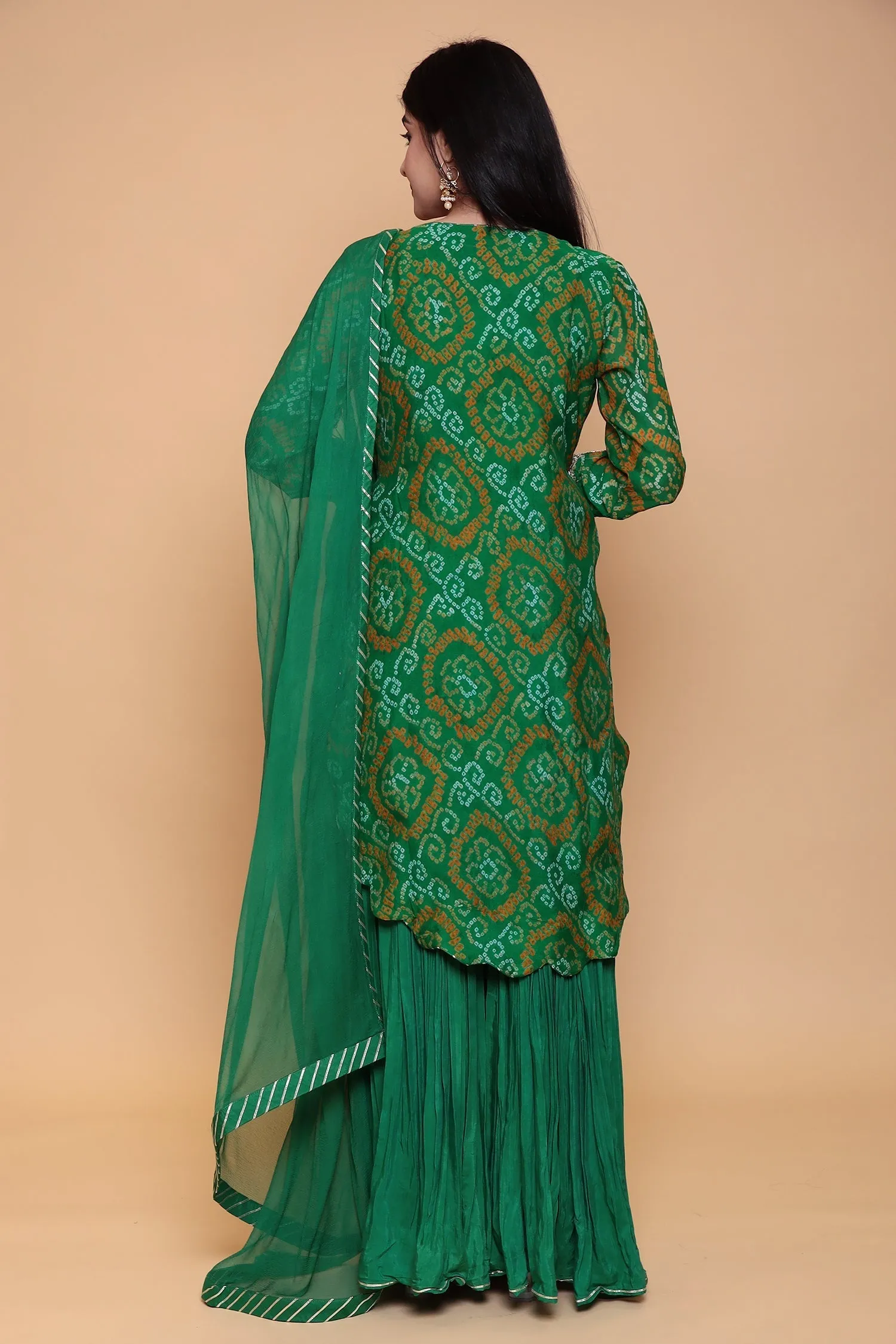 Bandhej Georgette Sharara Suit with Gota Patti work.