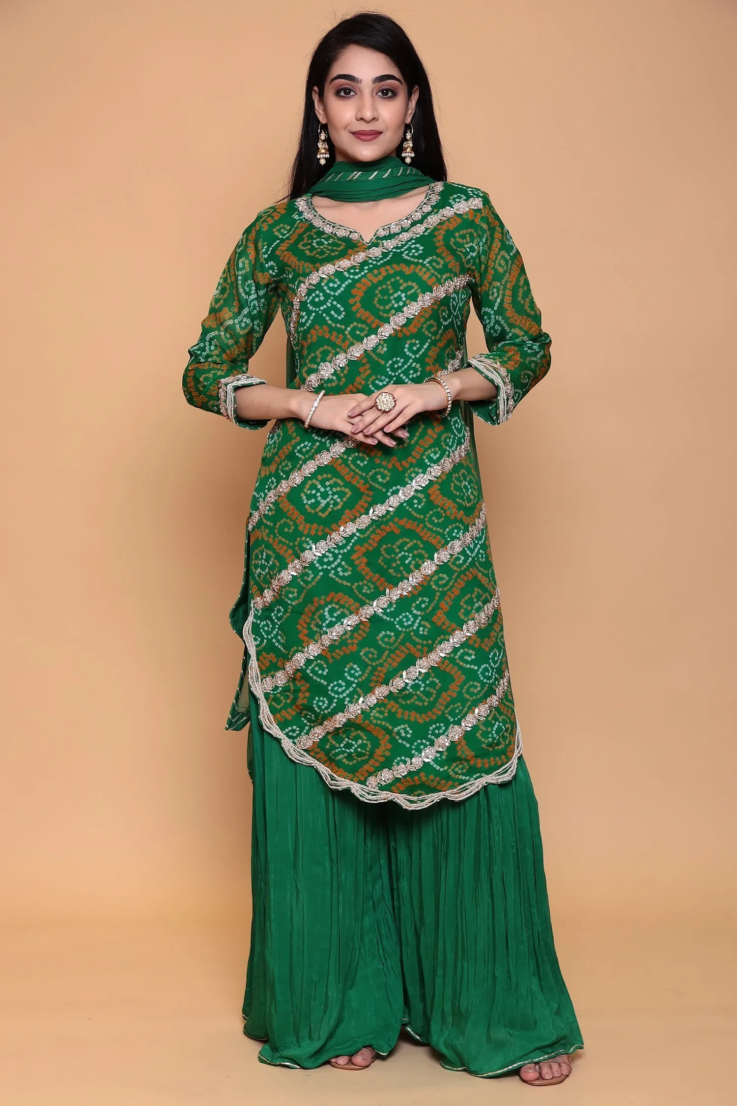 Bandhej Georgette Sharara Suit with Gota Patti work.