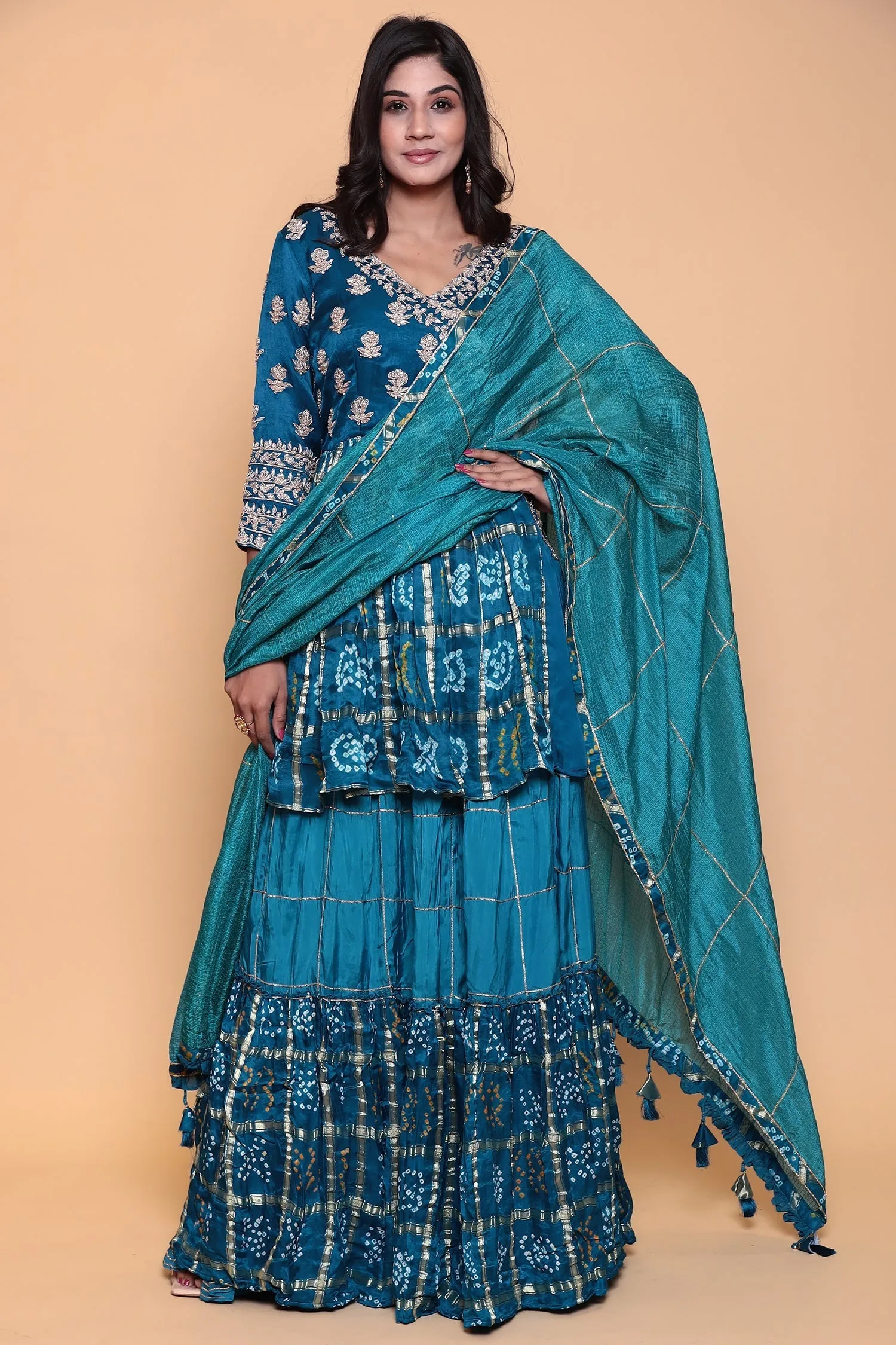 Bandhej ghatchola peplum kurta with skirt and zardozi embroidery.