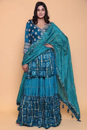 Bandhej ghatchola peplum kurta with skirt and zardozi embroidery.