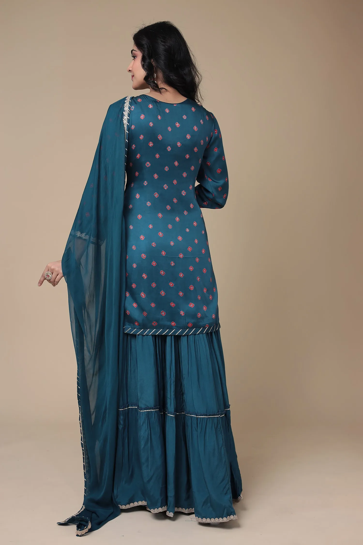 Bandhej Satin Silk Suit Embroidered with Gota Patti work