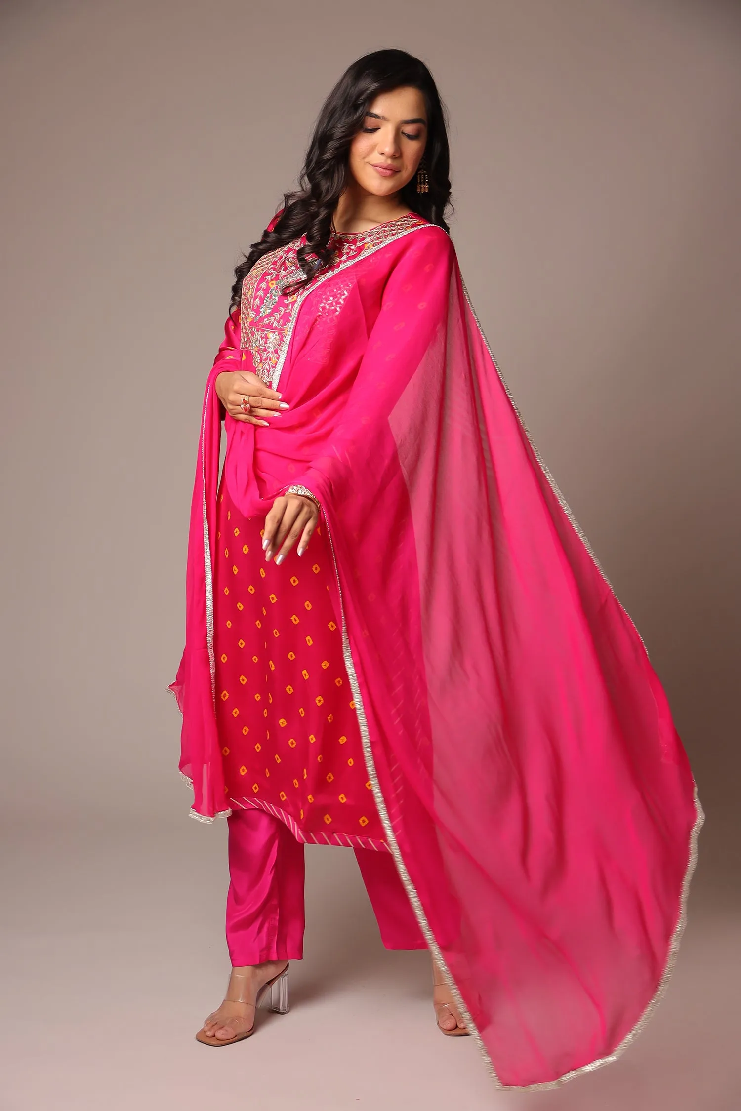 Bandhej Straight Satin Suit with Zardozi work.