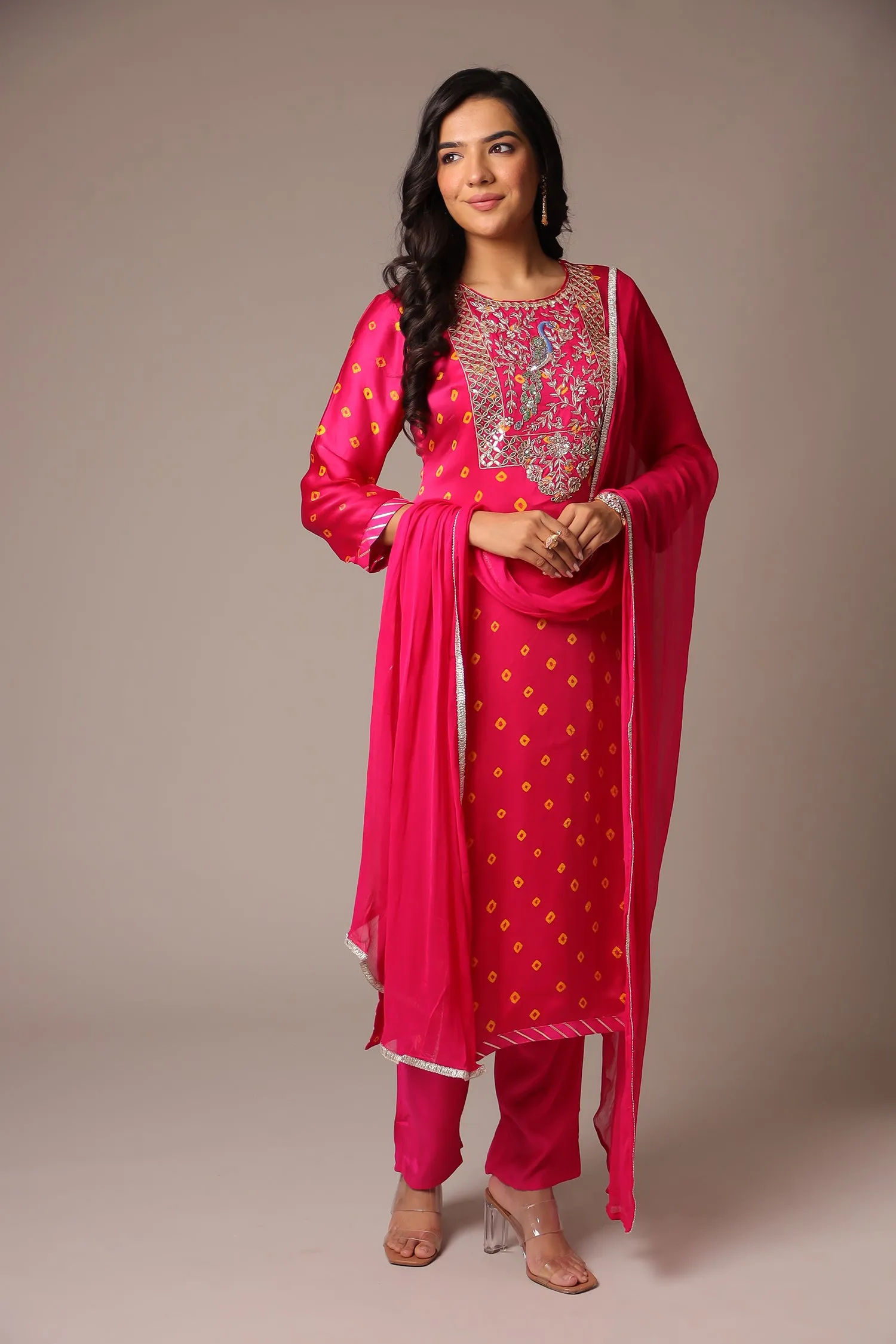 Bandhej Straight Satin Suit with Zardozi work.