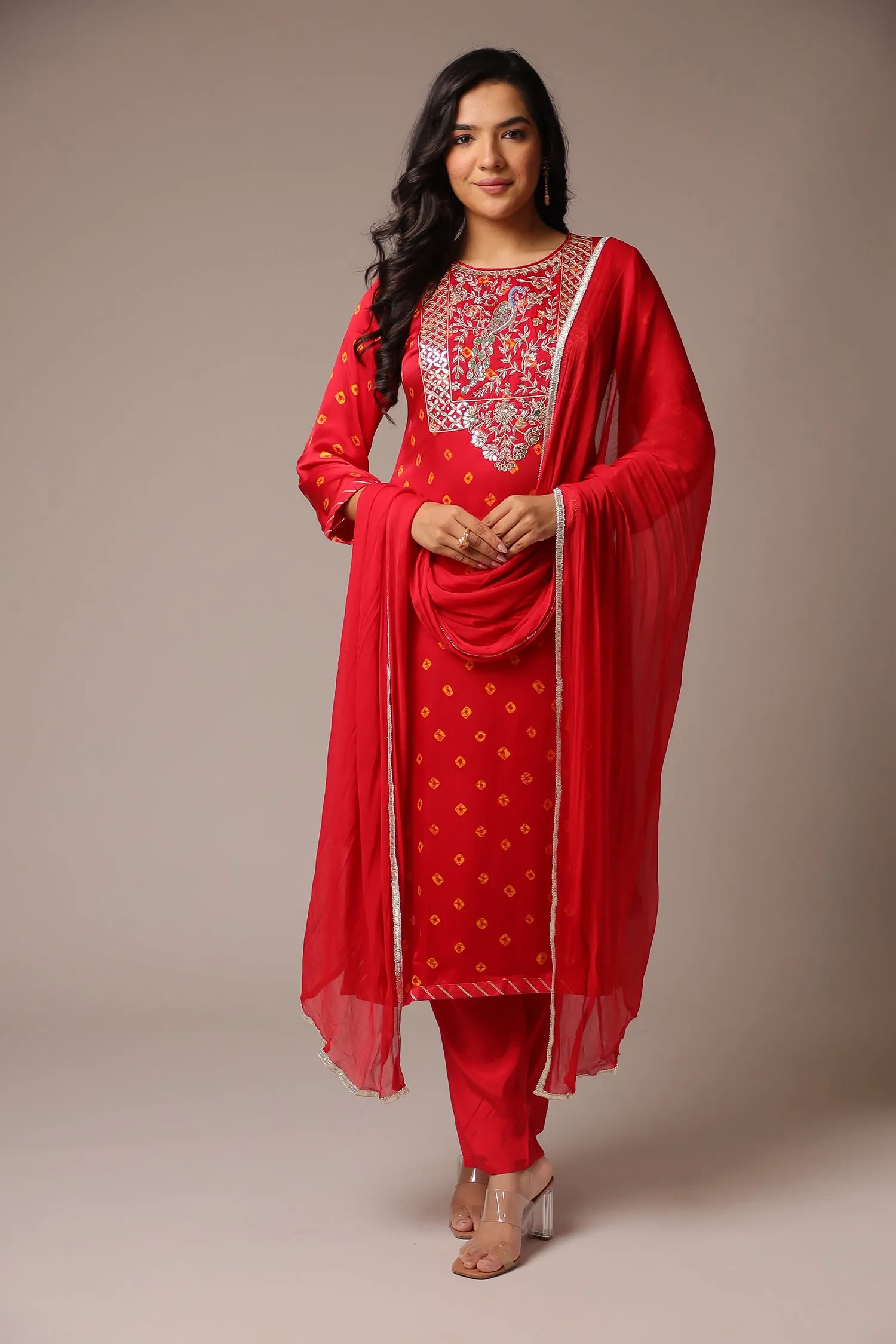 Bandhej Straight Satin Suit with Zardozi work.