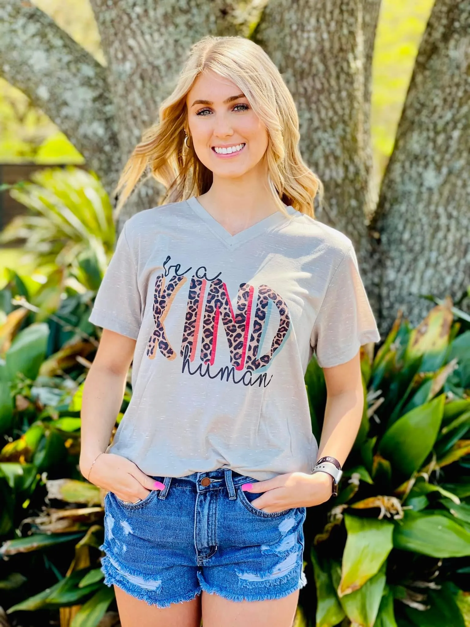 {BE A KIND HUMAN} Leopard Stone Marble V-Neck Tee