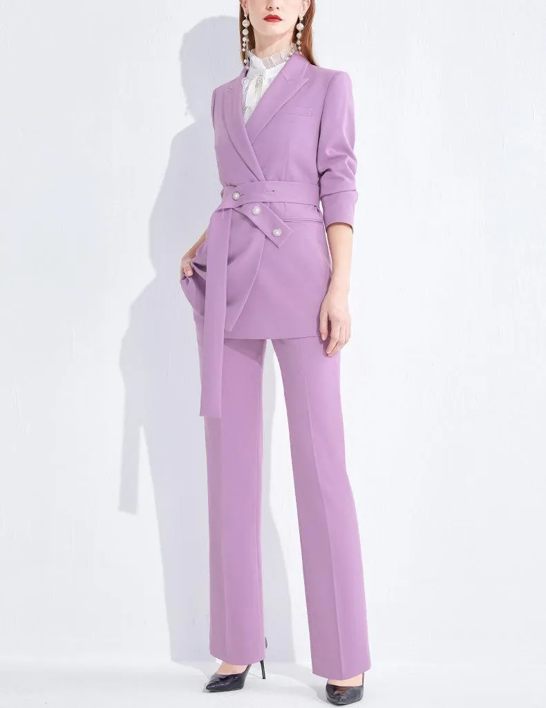 Beaded Belt Light Purple Blazer & Straight Leg Pants