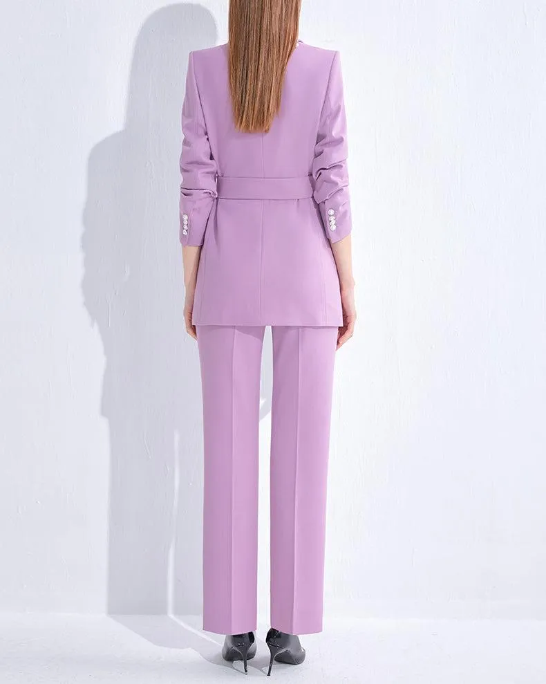 Beaded Belt Light Purple Blazer & Straight Leg Pants