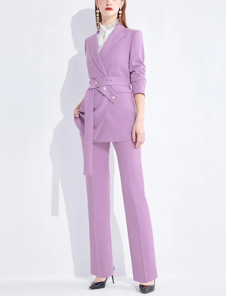 Beaded Belt Light Purple Blazer & Straight Leg Pants