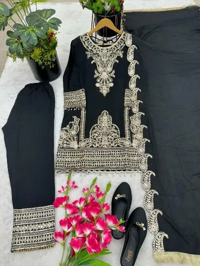 Black Chinon Silk Embroidered Coding Sequence Salwar Suit Set