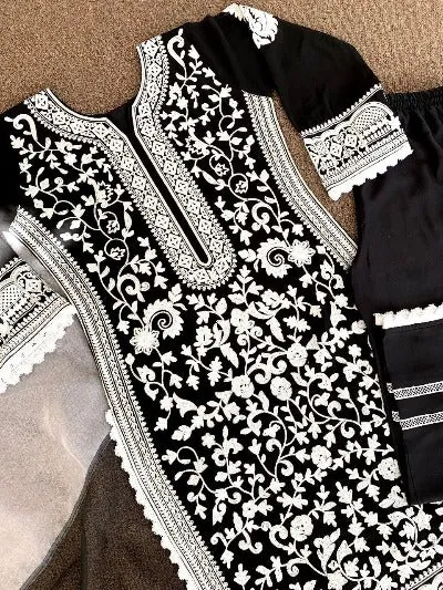 Black Georgette With Heavy White Thread Work Salwar Suit Set