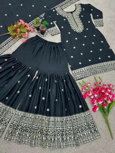 Black Heavy Chinon Silk Embroidered Sharara Suit Set